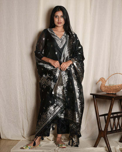 Black Handblock-Style Printed Cotton Suit Set