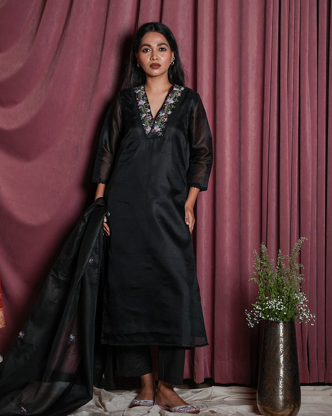 Black Floral-Embroidered Yoke Suit Set