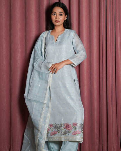 Ice Blue Chanderi Embroidered Suit Set