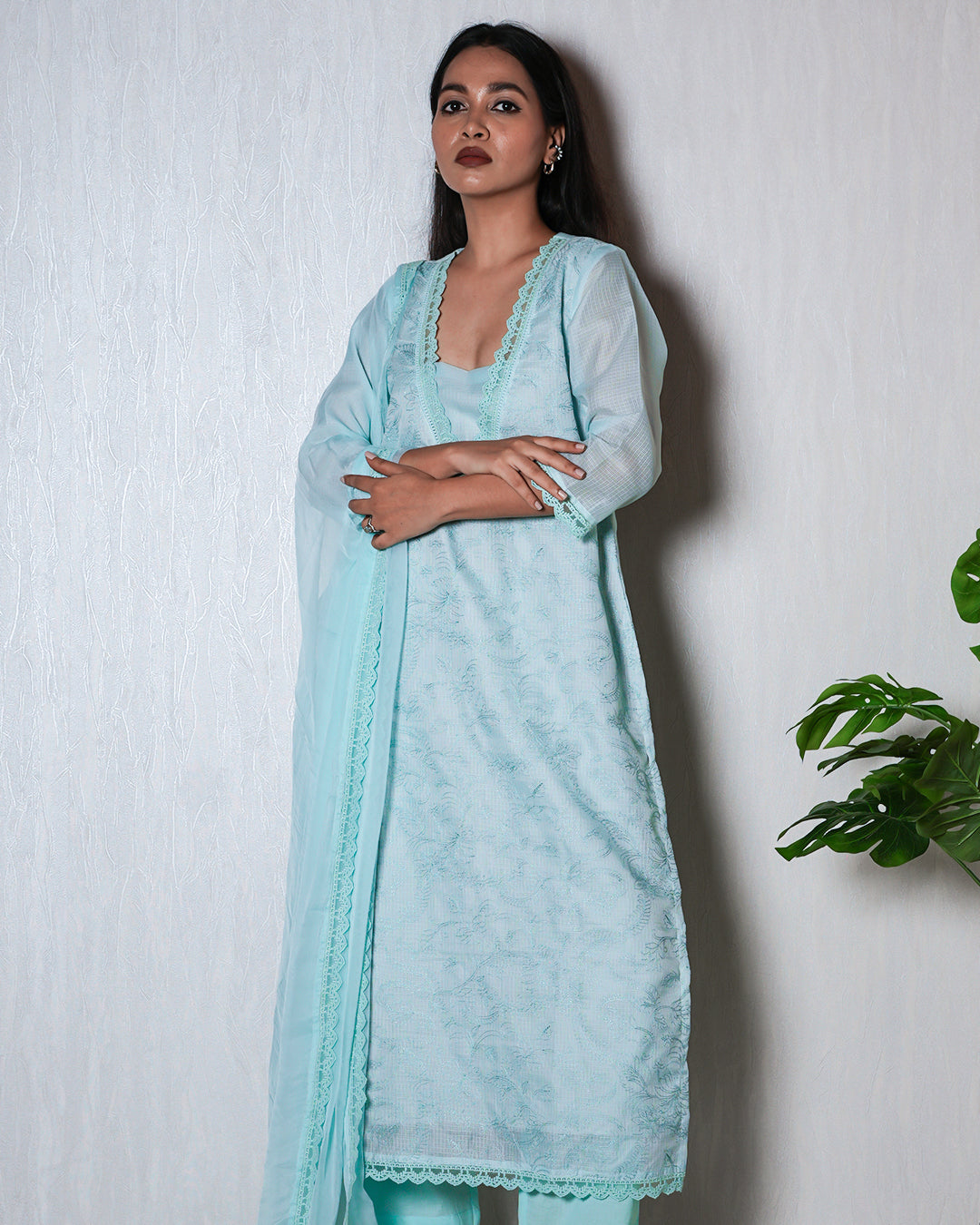 Powder Blue Chikankari-Style Suit Set