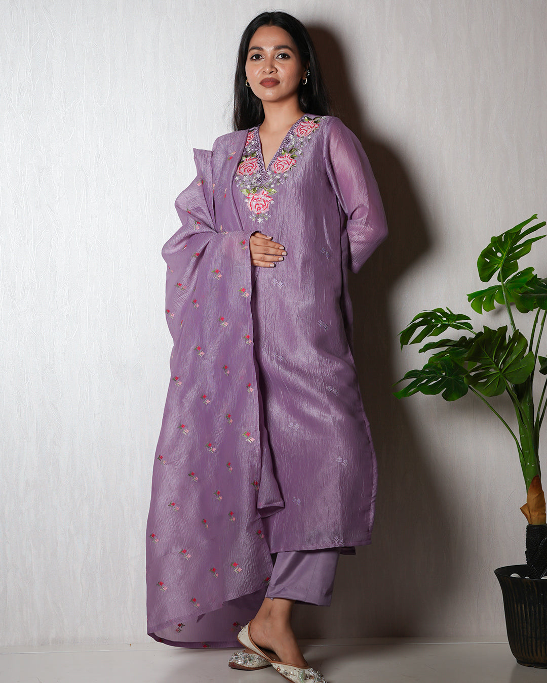 Lavender Silk-Blend Embroidered Suit Set