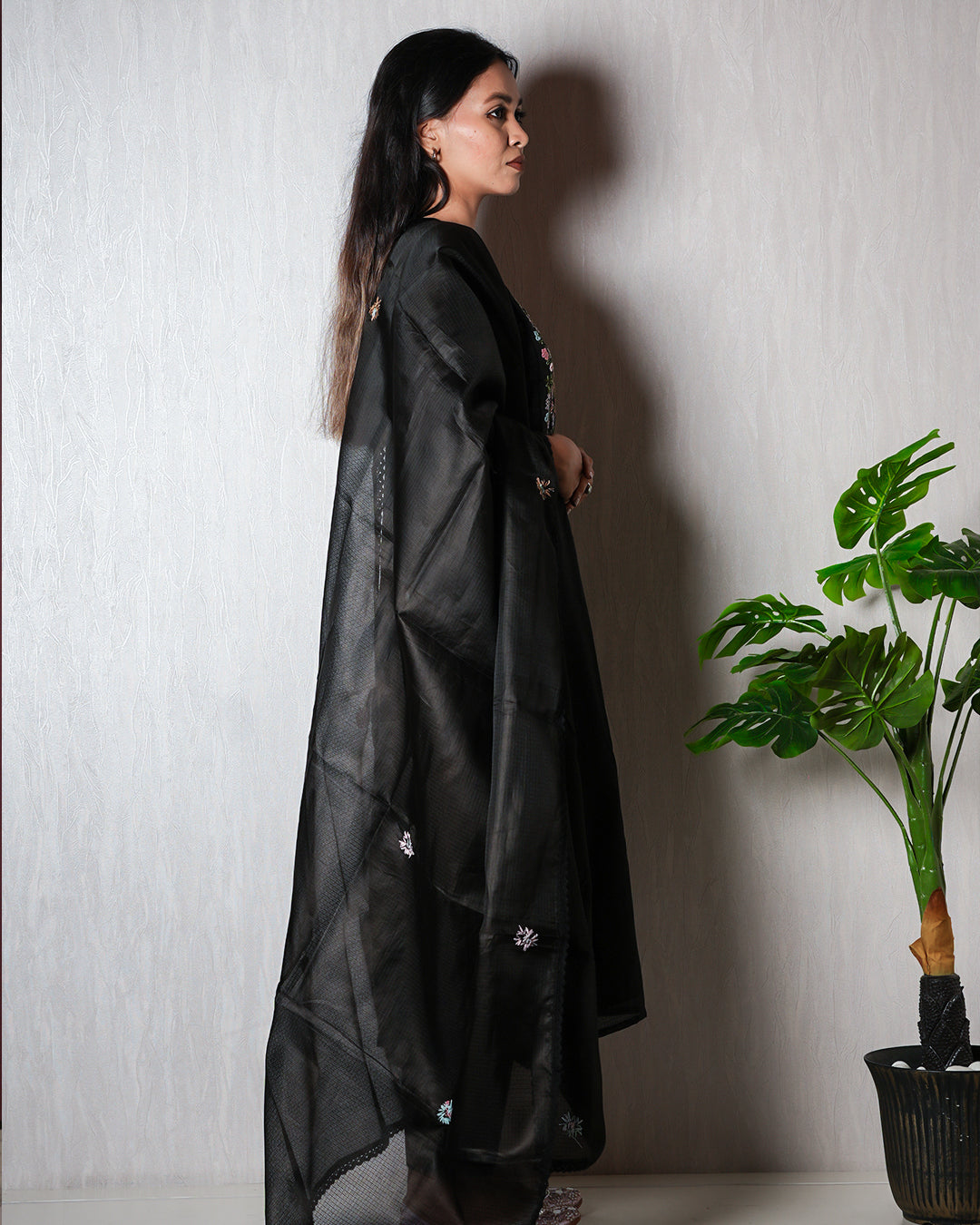 Black Floral-Embroidered Yoke Suit Set