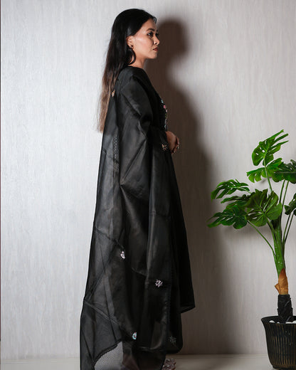 Black Floral-Embroidered Yoke Suit Set