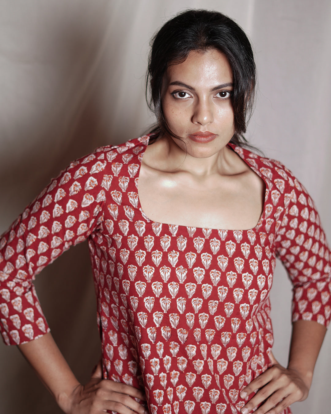 Red Handblock Printed Short Kurta