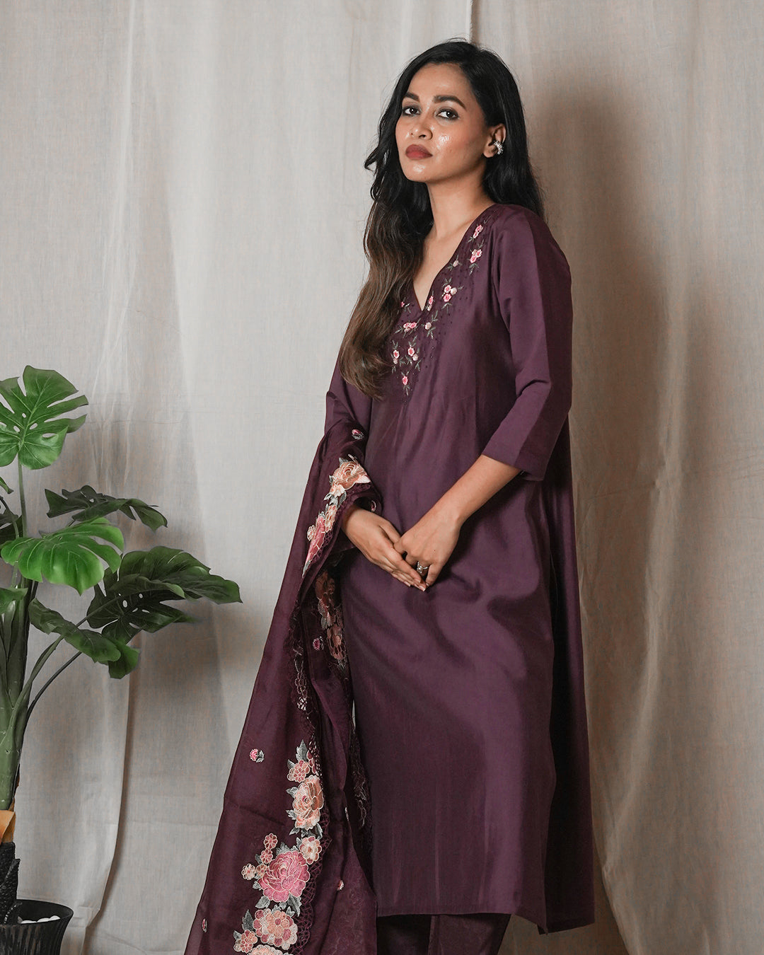 Plum Embroidered Suit Set