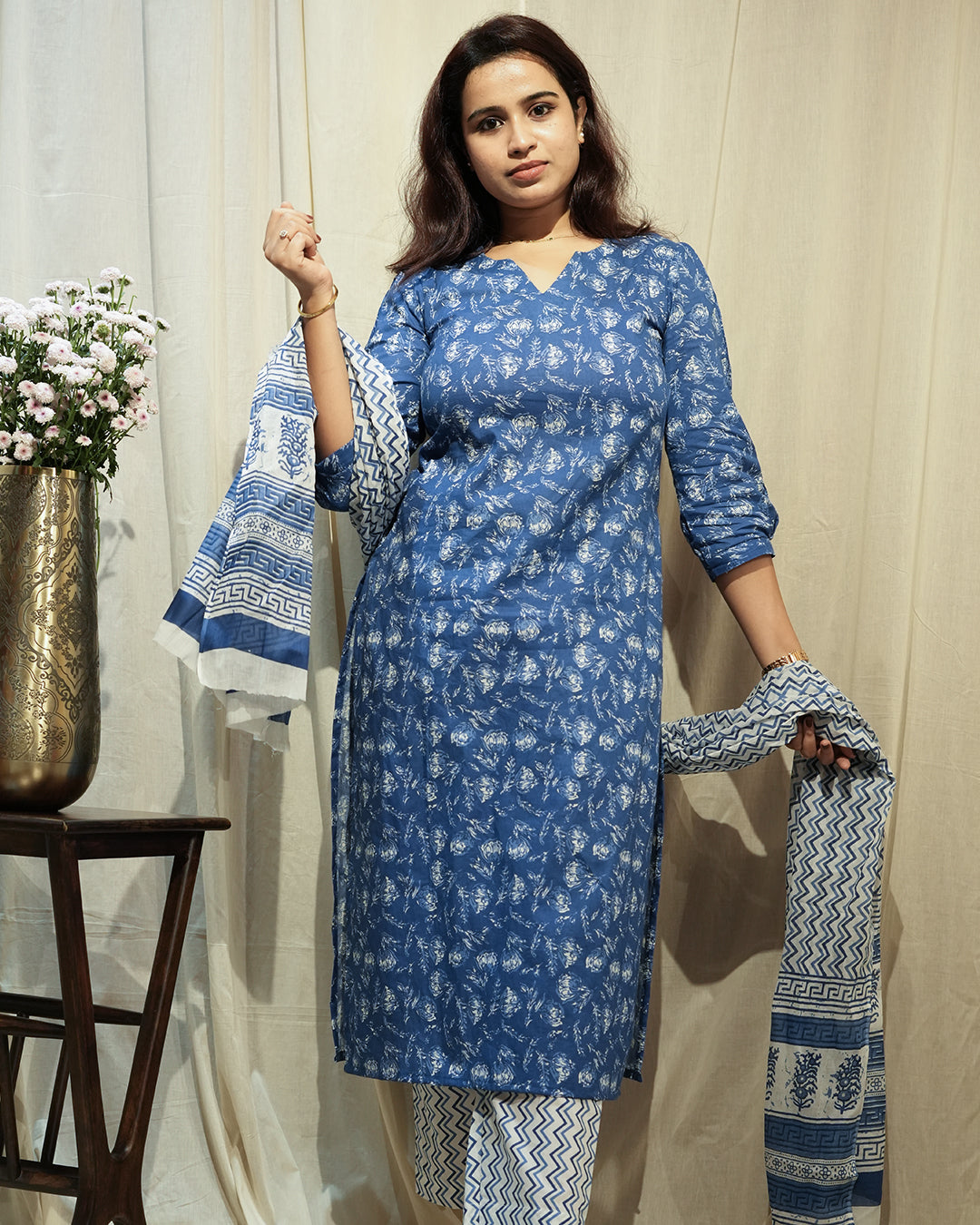 Blue Handblock-Style Printed Kurta Set with Dupatta
