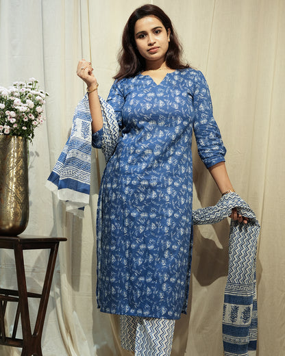 Blue Handblock-Style Printed Kurta Set with Dupatta