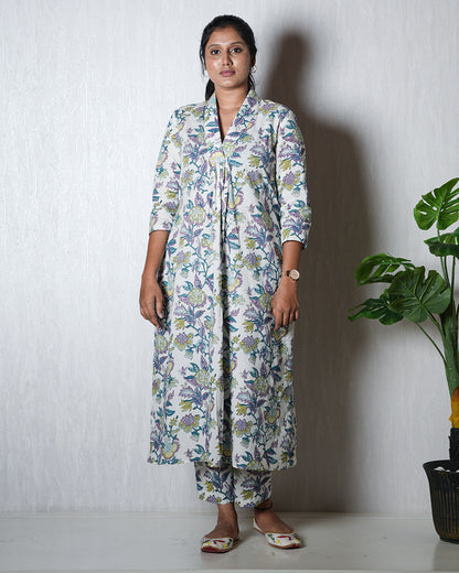 White Floral Hand block Kurta Set