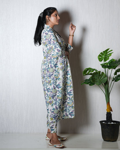 White Floral Hand block Kurta Set