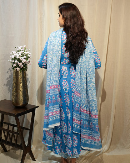 Blue Floral Anarkali Kurta Set with Dupatta