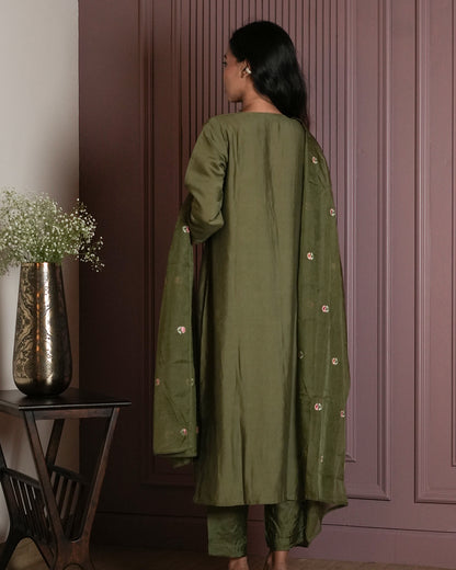 Olive Green Floral Embroidered Suit Set