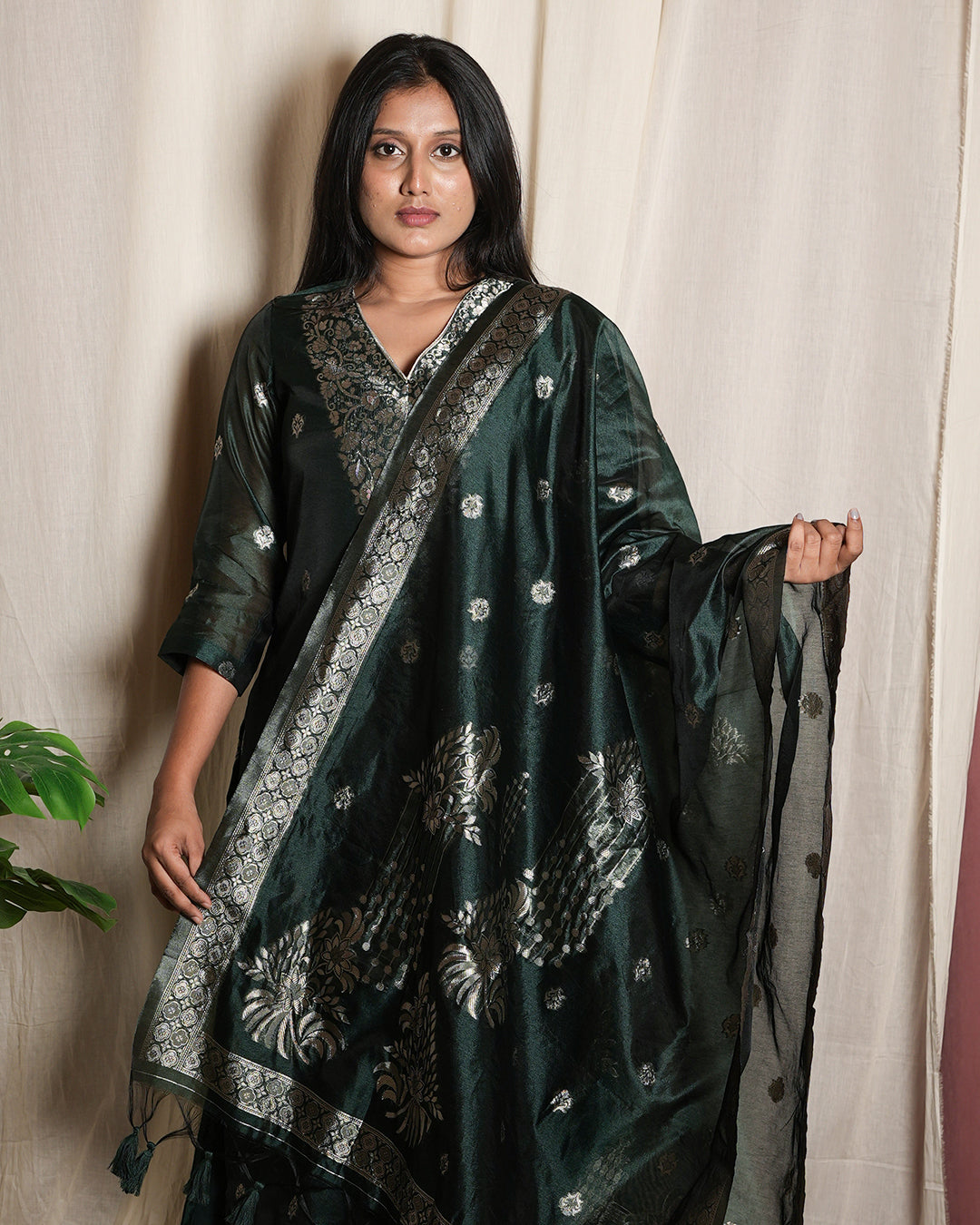 Rolaye Green Handblock-Style Printed Banaras chanderi set