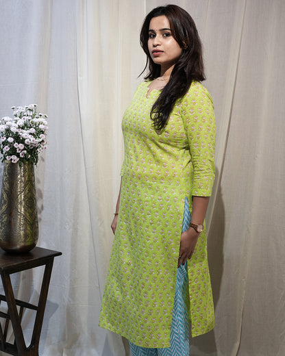 Lime Green Printed Kurta Set with Sky Blue Dupatta