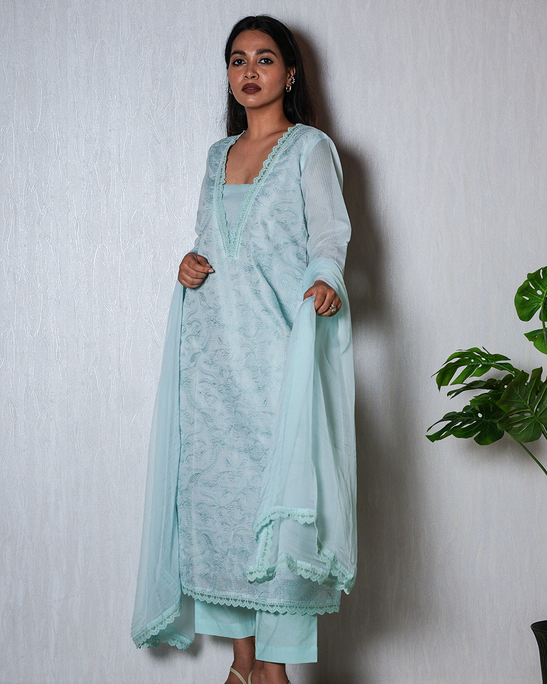 Powder Blue Chikankari-Style Suit Set