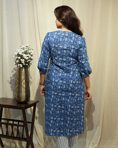 Blue Handblock-Style Printed Kurta Set with Dupatta