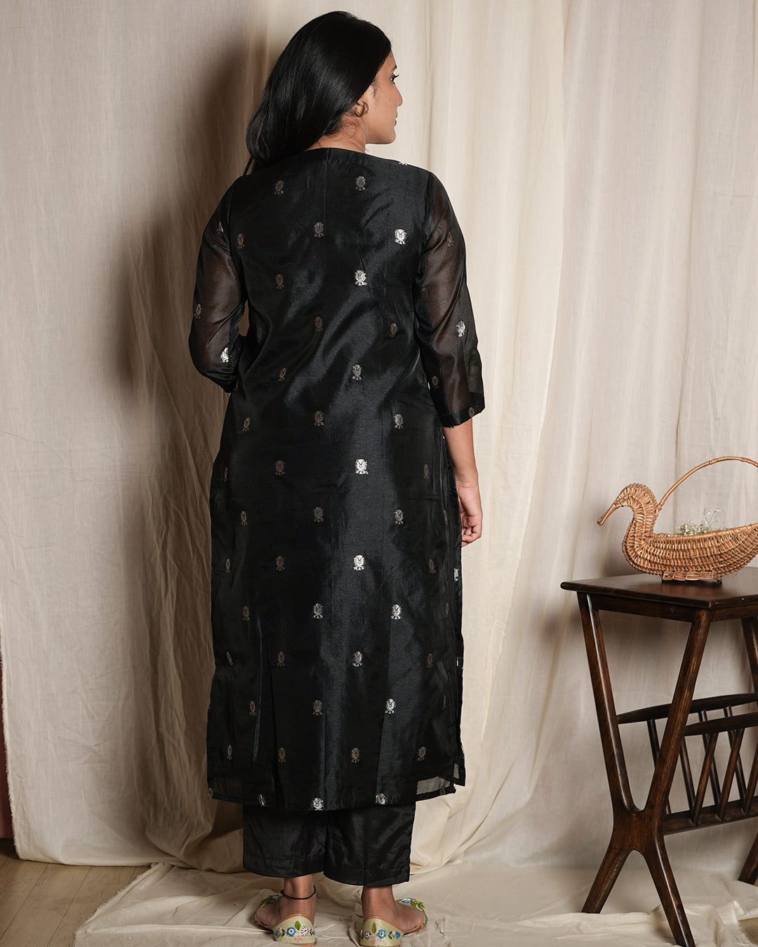 Black Handblock-Style Printed Banaras chanderi set