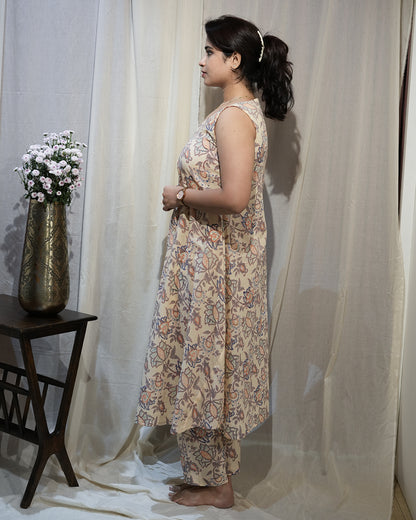 Beige Floral Sleeveless A-Line Kurta Set
