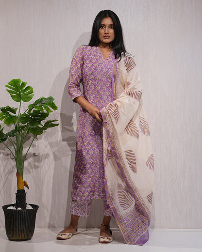 Lavender Handblock-Style Printed Cotton Suit Set