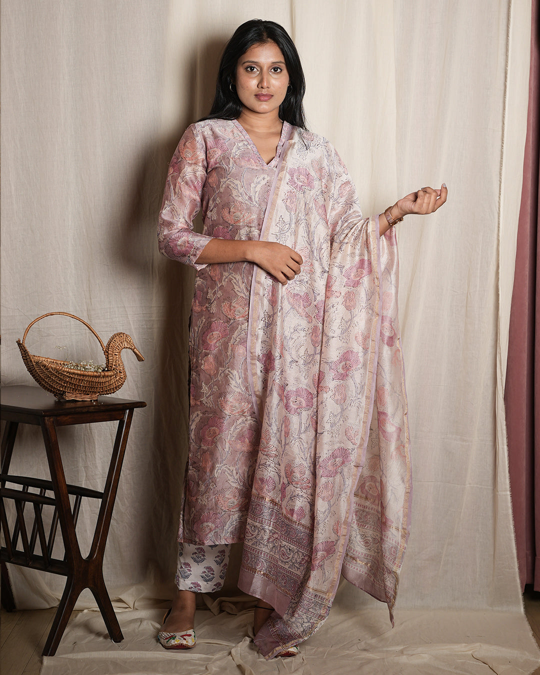 Soft Pink Floral Printed Kurta Set with Dupatta
