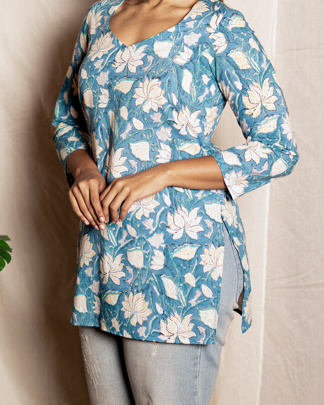 Blue Floral Printed Short Kurta