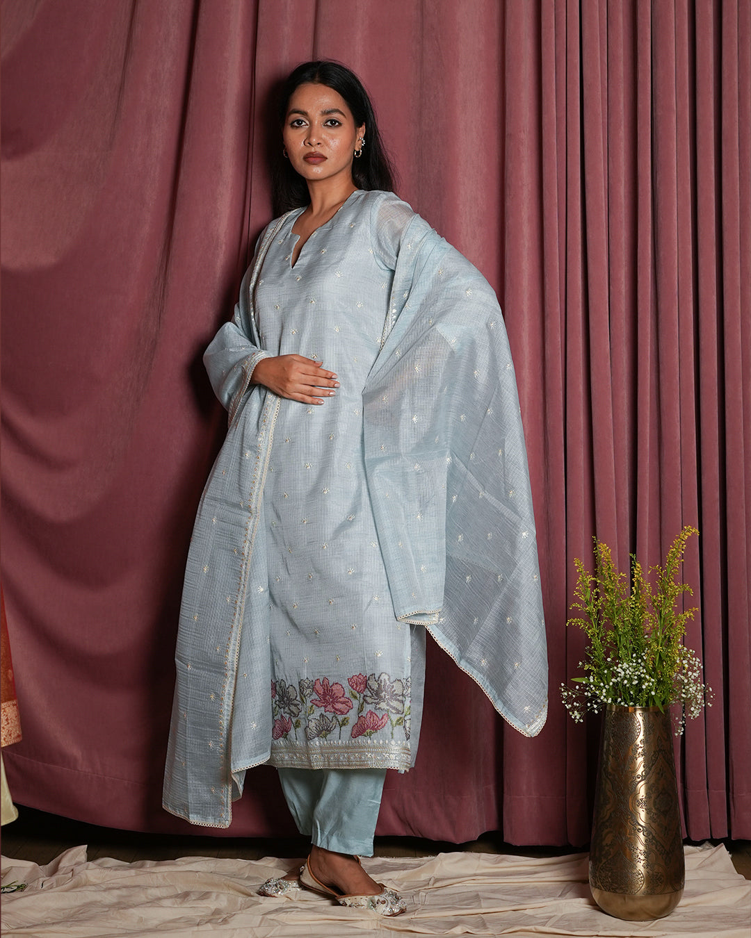 Ice Blue Chanderi Embroidered Suit Set