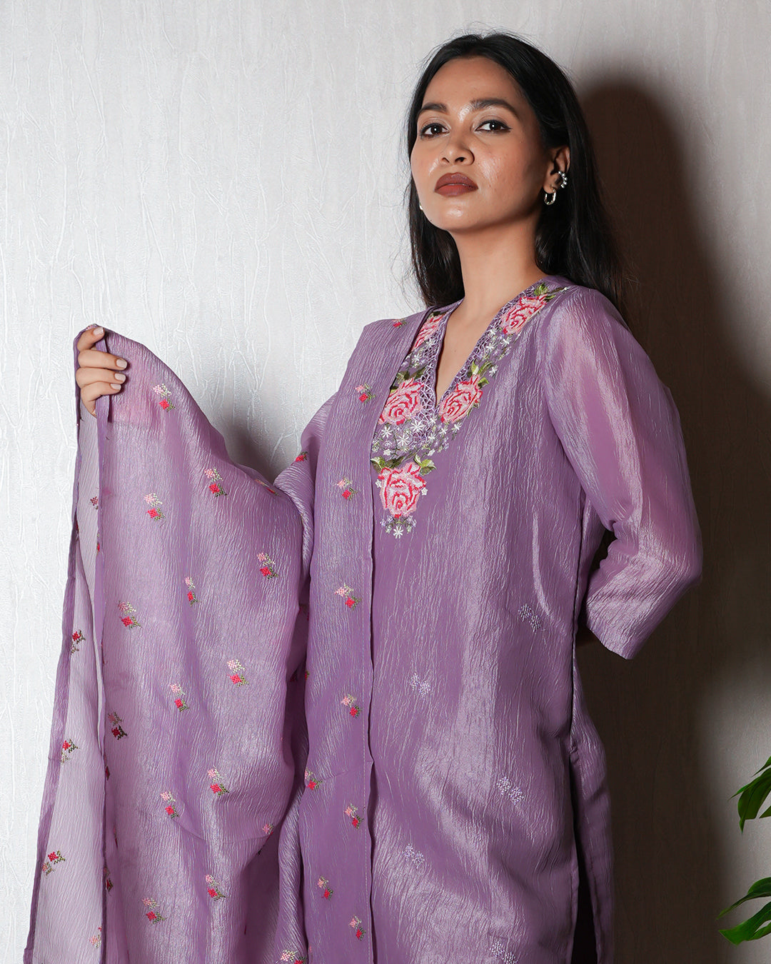 Lavender Silk-Blend Embroidered Suit Set