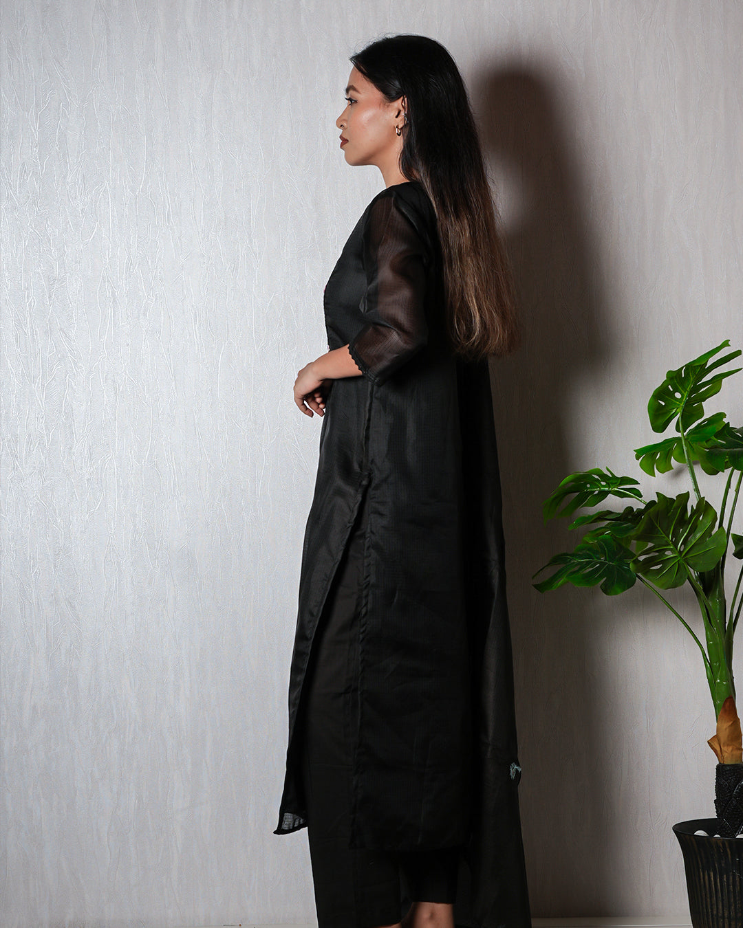 Black Floral-Embroidered Yoke Suit Set