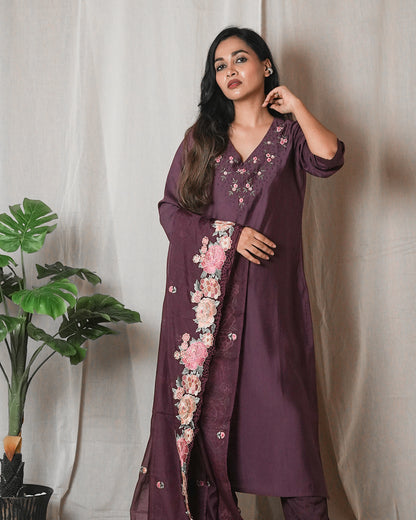 Plum Embroidered Suit Set
