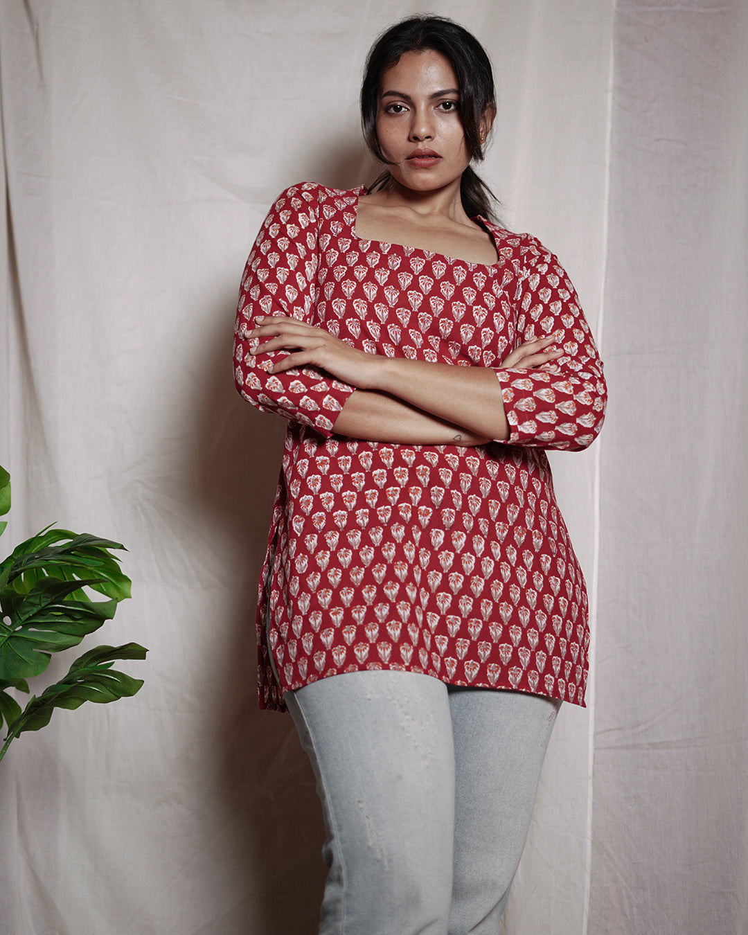 Red Handblock Printed Short Kurta