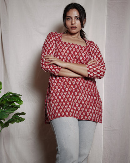 Red Handblock Printed Short Kurta