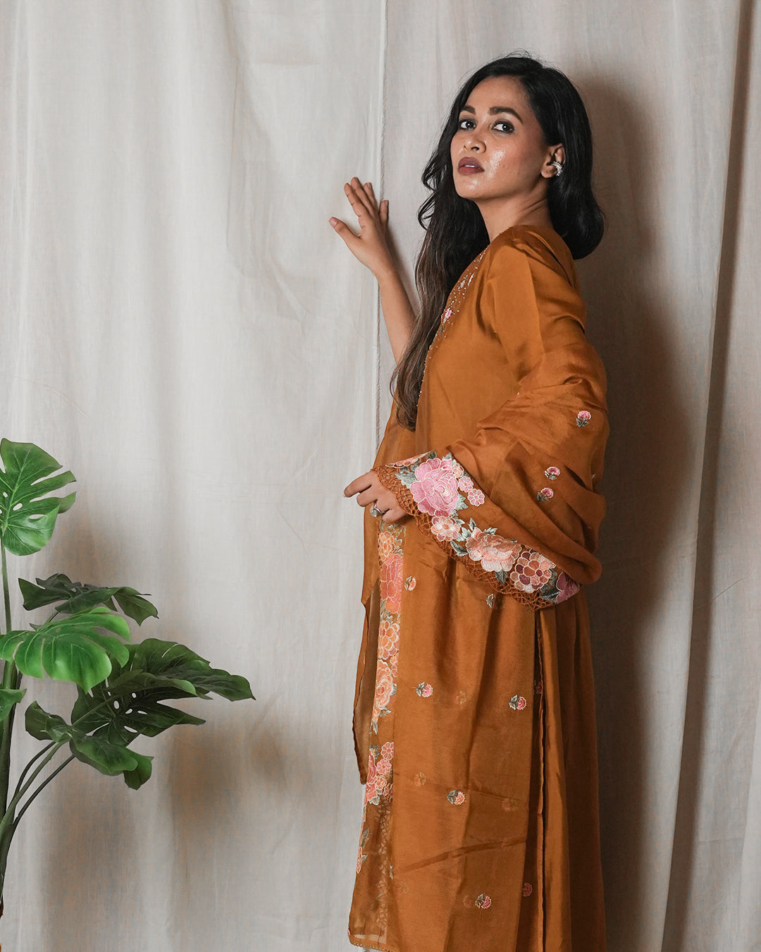 Rust Brown Floral-Embroidered Suit Set