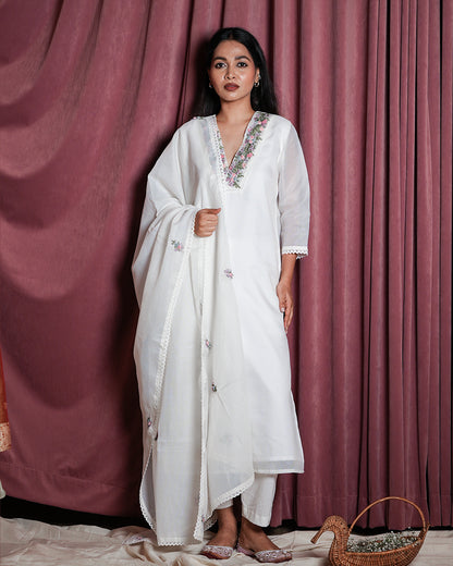 White Floral-Embroidered Ethnic Suit Set