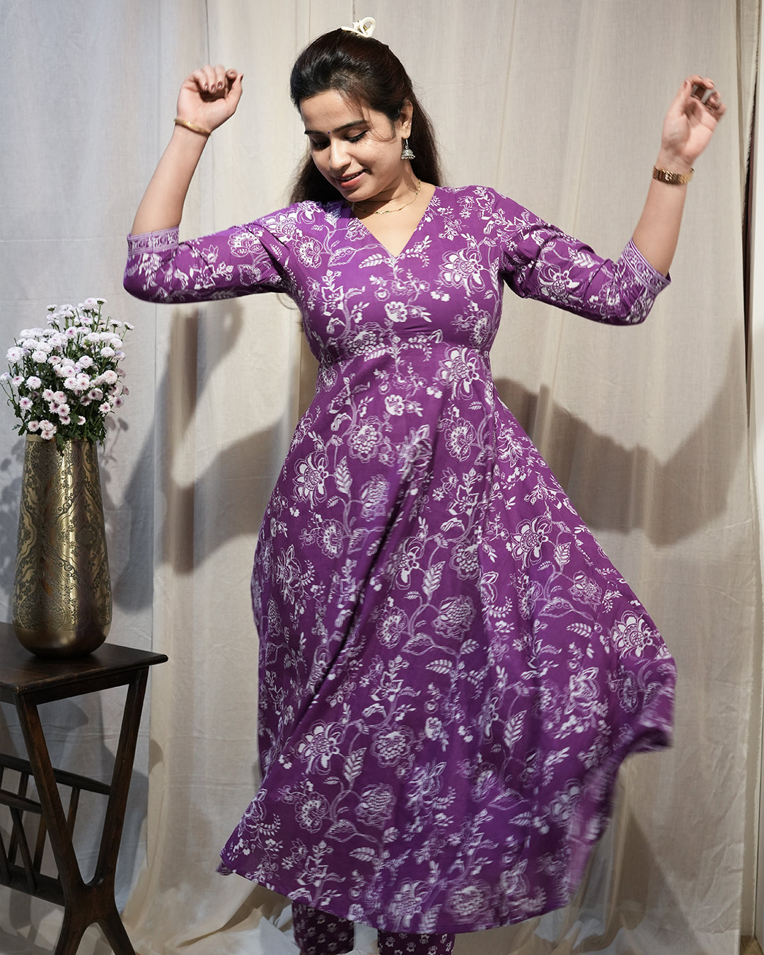Purple Floral Anarkali Kurta Set with Dupatta