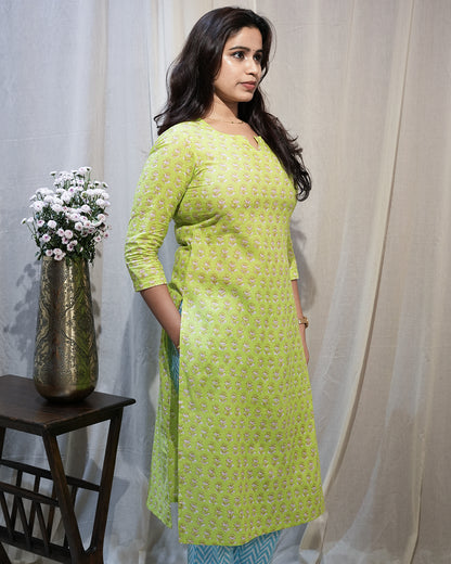 Lime Green Printed Kurta Set with Sky Blue Dupatta