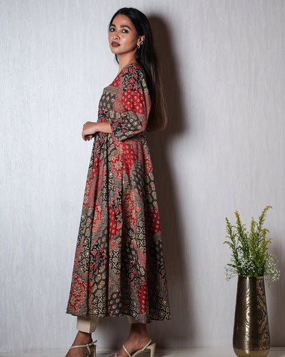 Black &amp; Red Patch-Print Anarkali Kurta