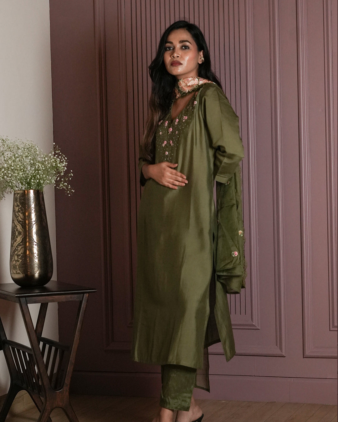 Olive Green Floral Embroidered Suit Set