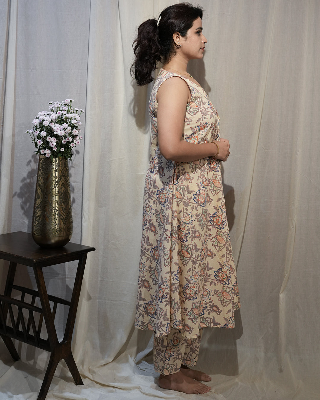 Beige Floral Sleeveless A-Line Kurta Set