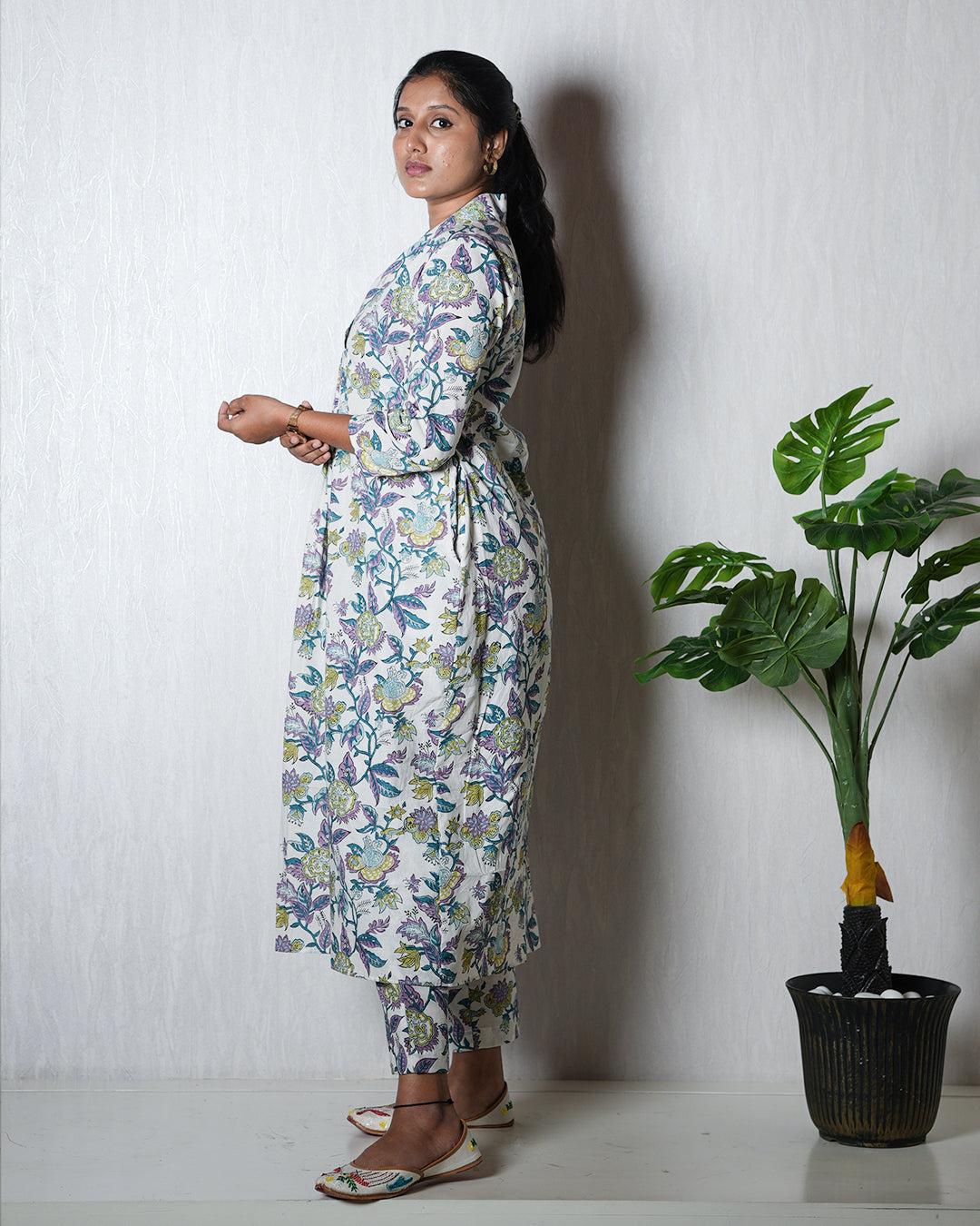 White Floral Hand block Kurta Set
