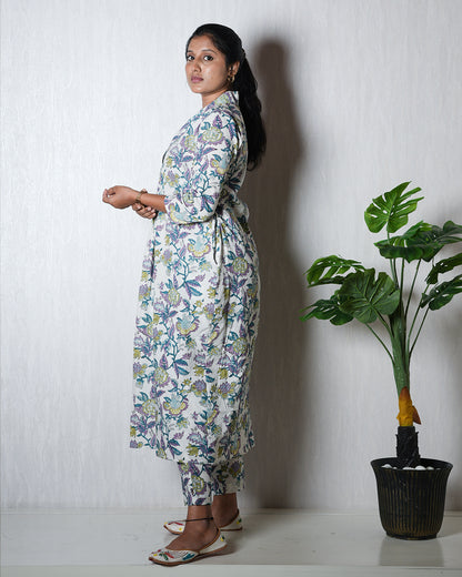 White Floral Hand block Kurta Set