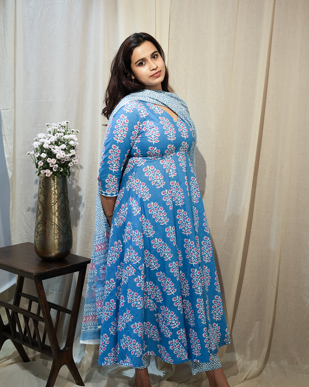Blue Floral Anarkali Kurta Set with Dupatta