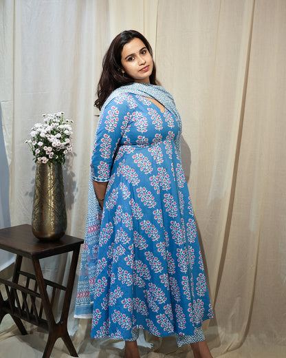 Blue Floral Anarkali Kurta Set with Dupatta