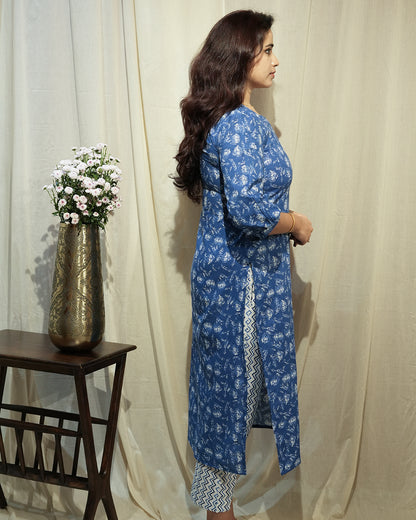 Blue Handblock-Style Printed Kurta Set with Dupatta