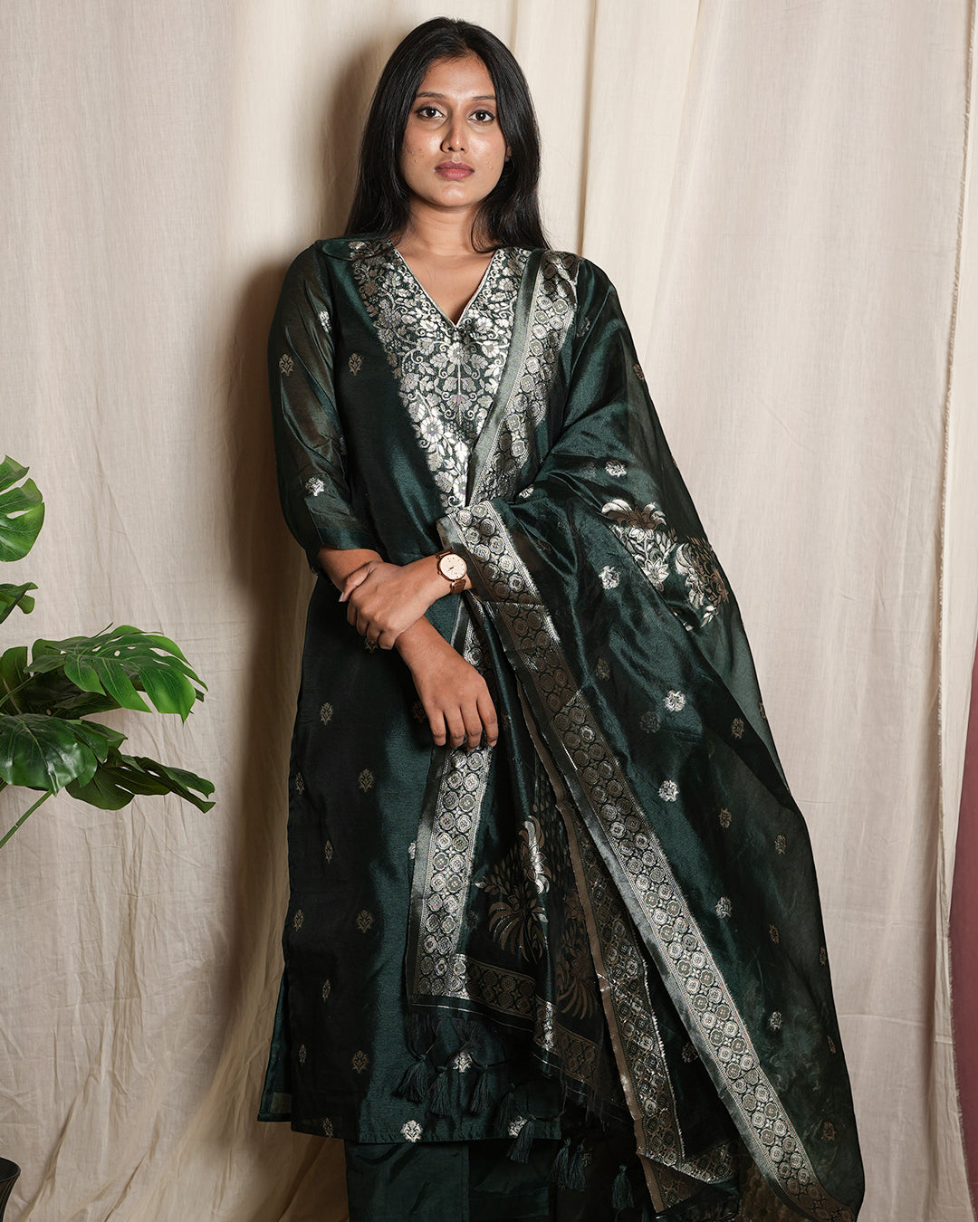 Rolaye Green Handblock-Style Printed Banaras chanderi set