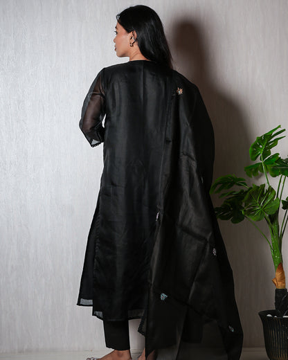 Black Floral-Embroidered Yoke Suit Set