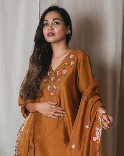 Rust Brown Floral-Embroidered Suit Set