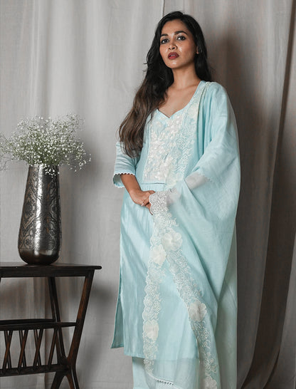 Powder Blue Chikankari-Style Suit Set