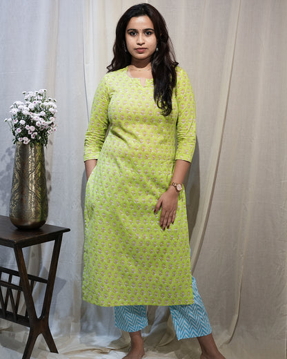 Lime Green Printed Kurta Set with Sky Blue Dupatta