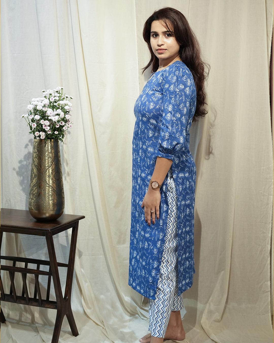 Blue Handblock-Style Printed Kurta Set with Dupatta