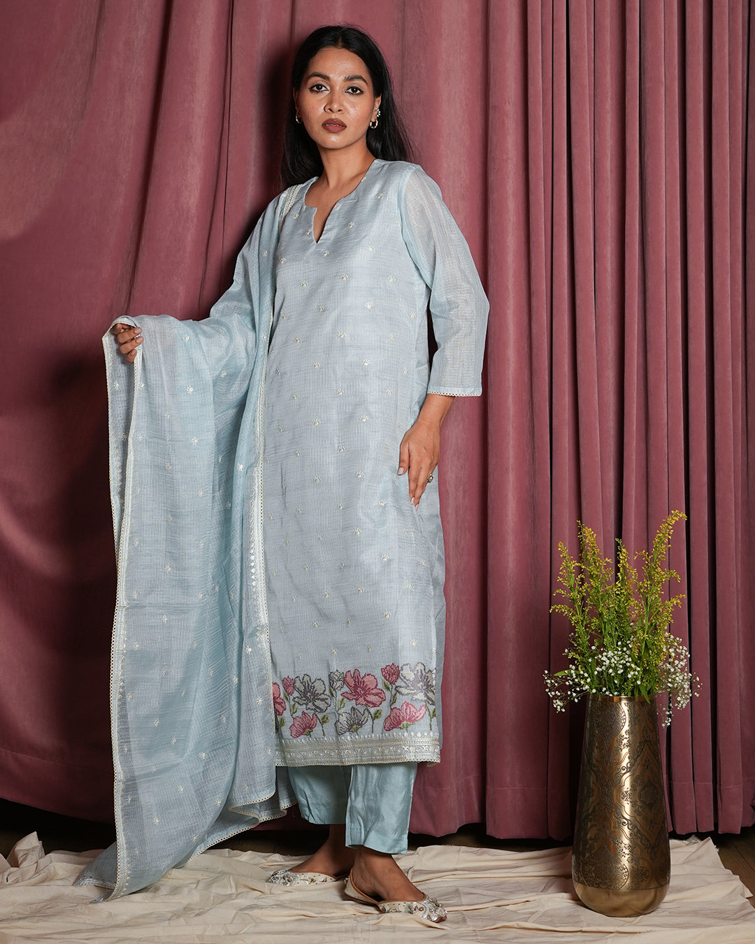 Ice Blue Chanderi Embroidered Suit Set