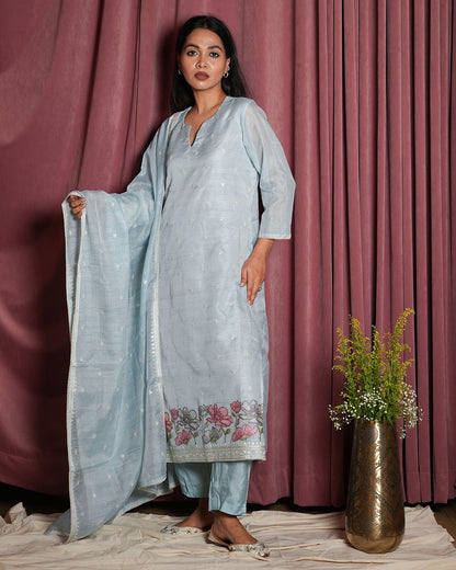 Ice Blue Chanderi Embroidered Suit Set
